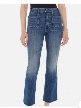 MOTHER Mid Blue Cropped Flare Jeans with Distressed Hem